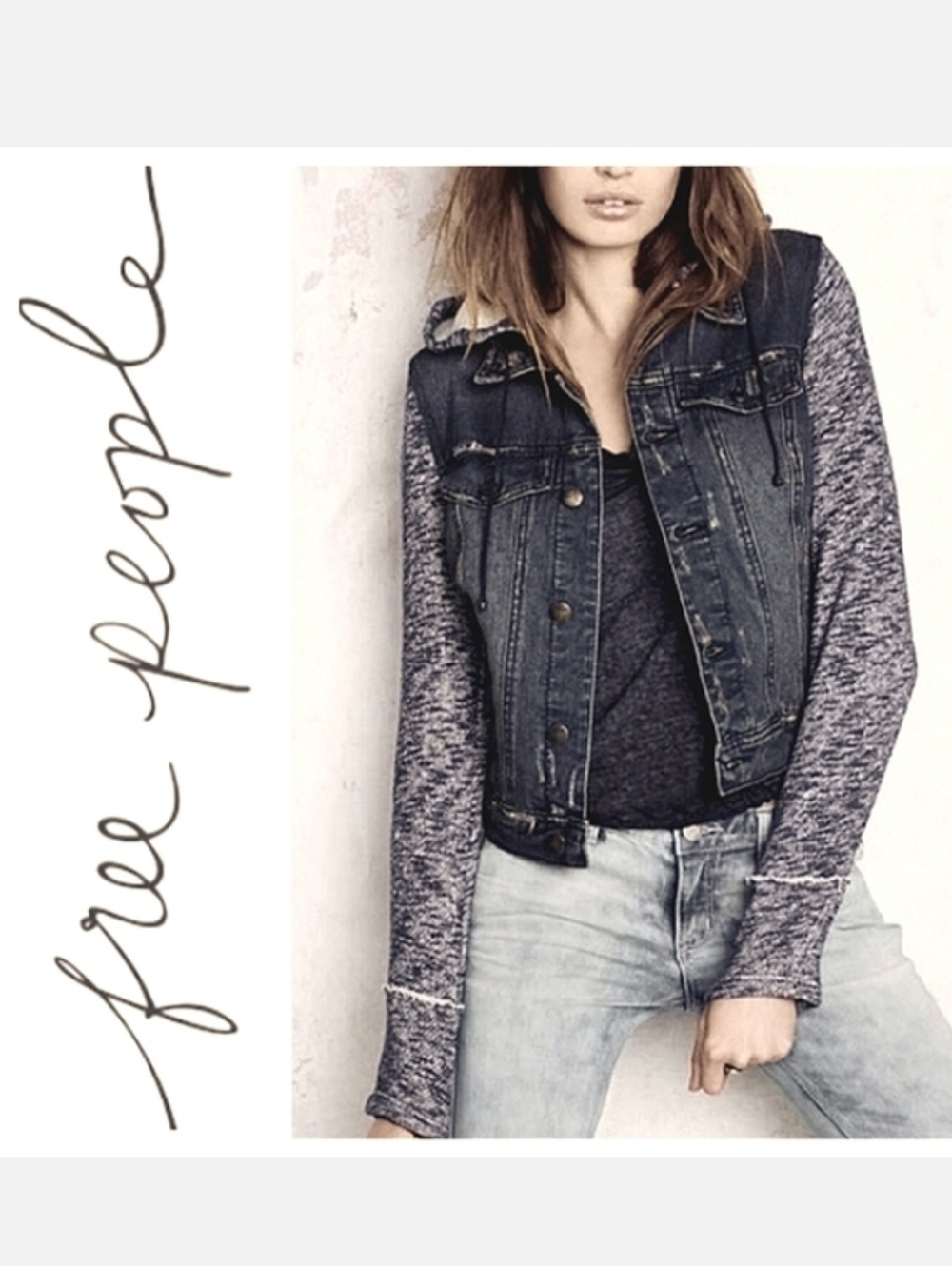 Free People Knit Denim Jean Jacket Black Space Dye Sz M